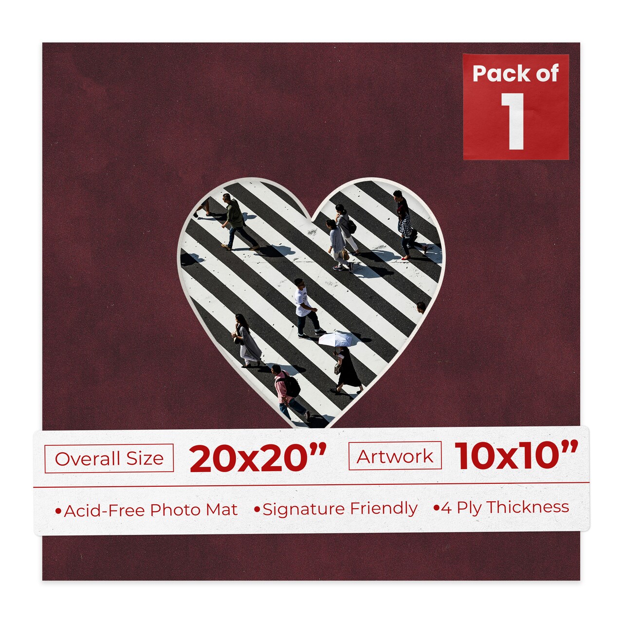 Dark Red Suede Mat Board for 20x20 Frames - Heart Opening for 10x10 Photos